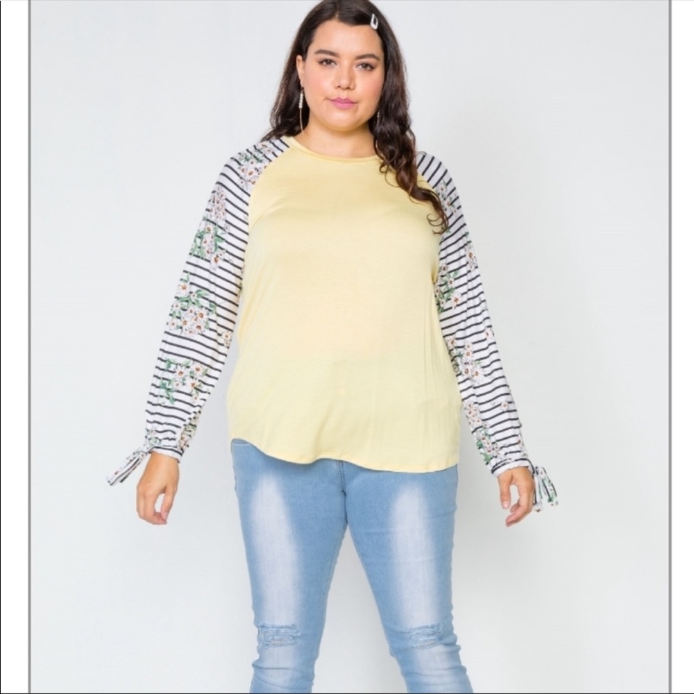 Woman’s Plus size yellow floral and striped top - Picture 2 of 4